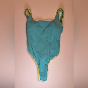 LainSnow Ribbed One Piece Swimsuit Turquoise Yellow Trim High Cut Made USA